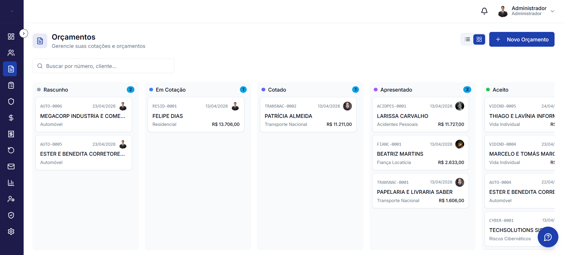 Kanban de orçamentos do SEGZIO com rascunho, em cotação, cotado, apresentado e aceito